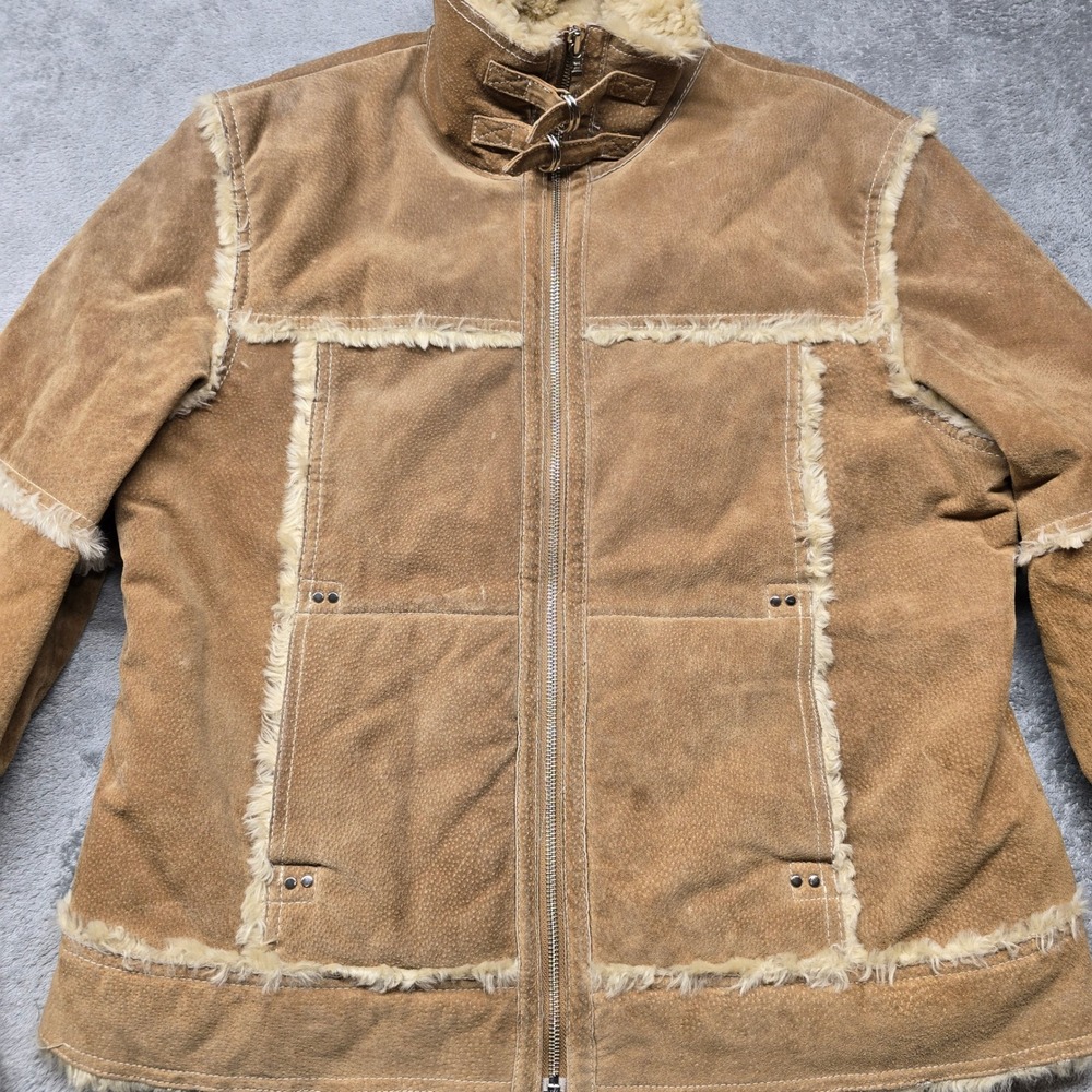 Wilsons Leather Maxima Suede Faux Fur Lined Jacket Womens XL Tan‎ Buckle Neck